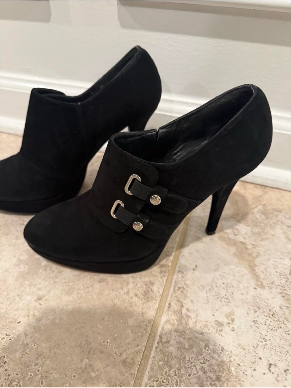 Stuart Weitzman Black Suede High Heel Booties with Buckle Accents